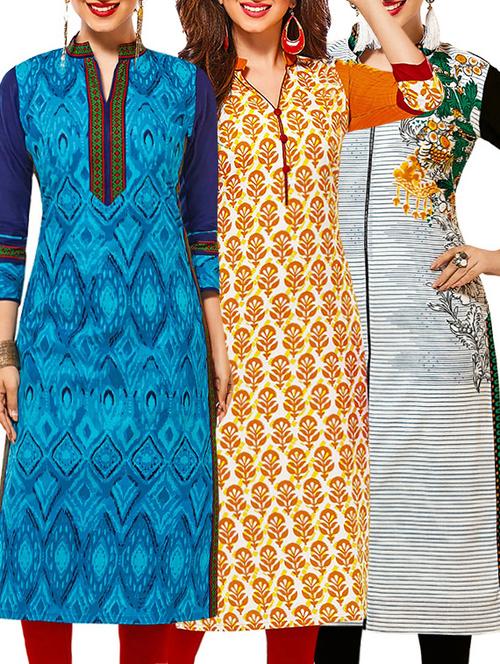 set of 3 multi colored cotton unstitched kurta - 13378902 - Very Small Image - 1
