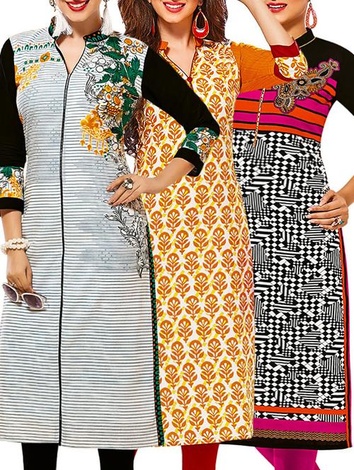 set of 3 multi colored cotton unstitched kurta - 13378904 - Very Small Image - 1