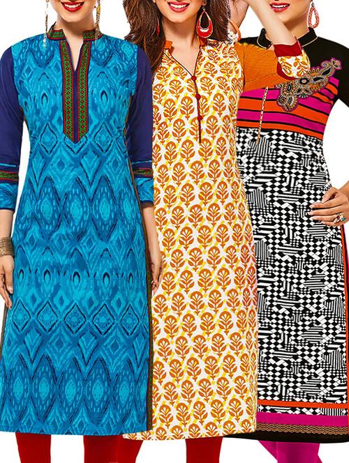 set of 3 multi colored cotton unstitched kurta - 13378909 - Very Small Image - 1