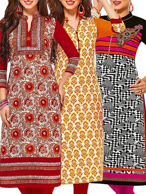set of 3 multi colored cotton unstitched kurta - 13378917 - Very Small Image - 1