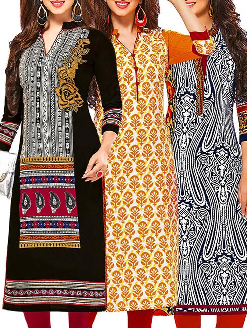 set of 3 multi colored cotton unstitched kurta - 13378922 - Very Small Image - 1