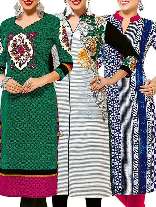 set of 3 multi colored cotton unstitched kurta - 13378927 - Very Small Image - 1
