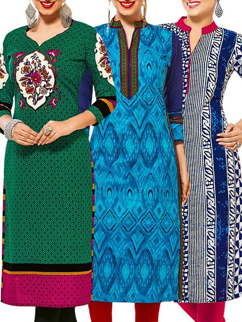 set of 3 multi colored cotton unstitched kurta - 13378928 - Very Small Image - 1