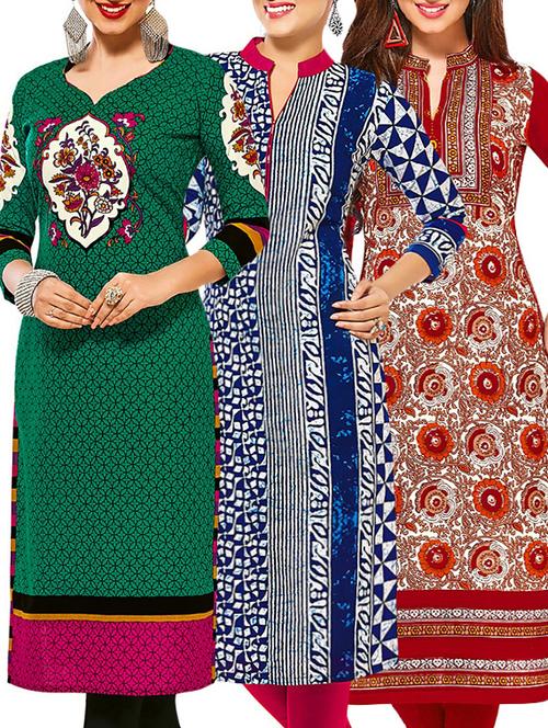 set of 3 multi colored cotton unstitched kurta - 13378931 - Very Small Image - 1
