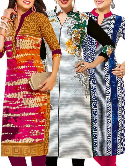 set of 3 multi colored cotton unstitched kurta - 13378961 - Very Small Image - 1