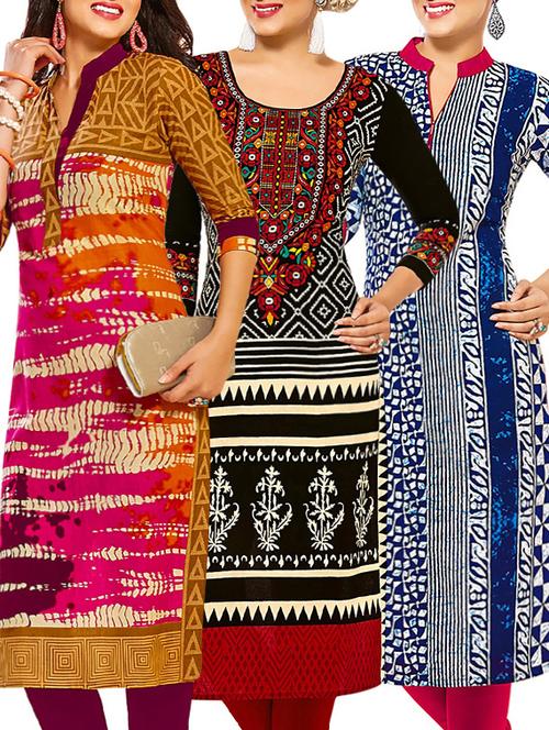 set of 3 multi colored cotton unstitched kurta - 13378963 - Very Small Image - 1