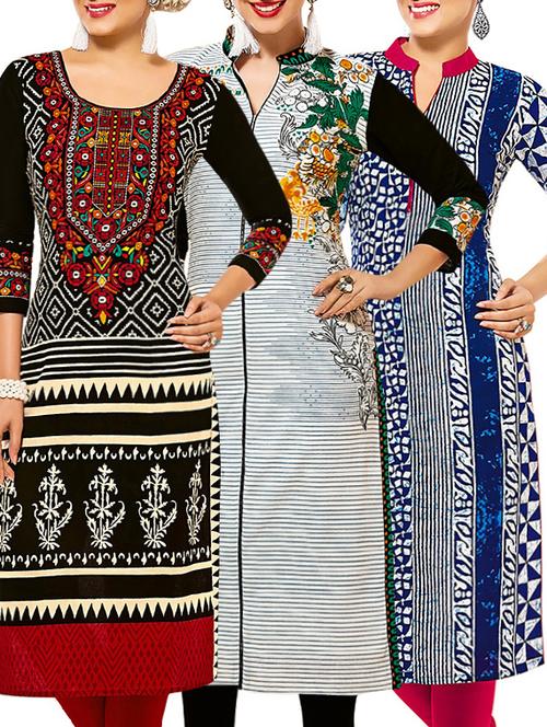 set of 3 multi colored cotton unstitched kurta - 13378969 - Very Small Image - 1