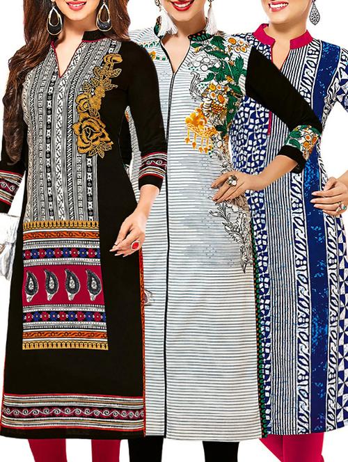 set of 3 multi colored cotton unstitched kurta - 13378972 - Very Small Image - 1
