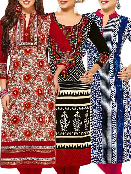 set of 3 multi colored cotton unstitched kurta - 13378980 - Very Small Image - 1