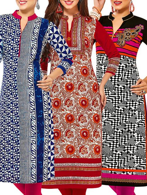 set of 3 multi colored cotton unstitched kurta - 13378983 - Very Small Image - 1