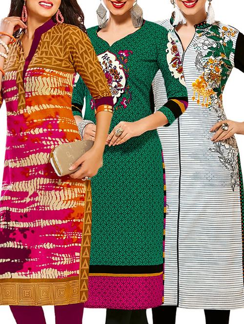 set of 3 multi colored cotton unstitched kurta - 13379025 - Very Small Image - 1