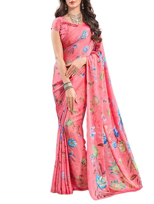 pink satin printed saree with blouse - 13384643 - Very Small Image - 1