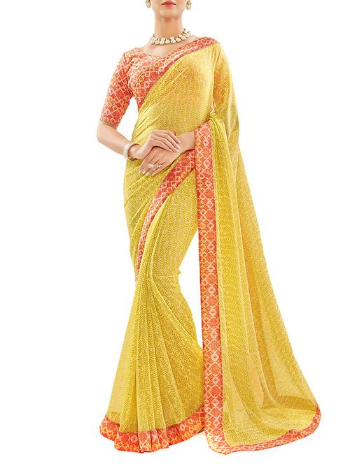 yellow georgette printed saree with blouse - 13385097 - Very Small Image - 1
