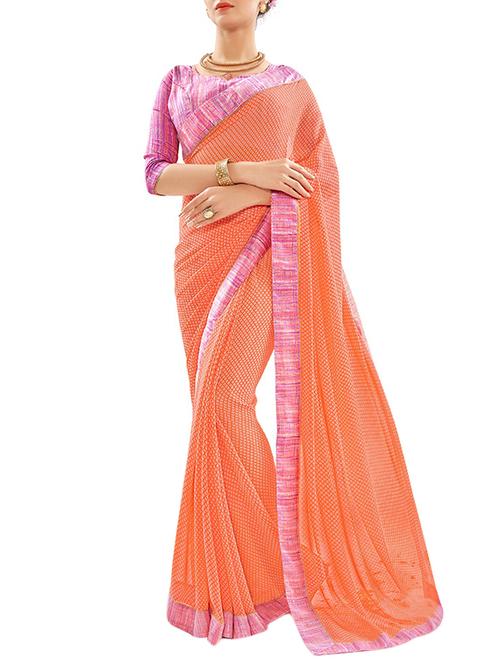 orange georgette printed saree with blouse - 13385312 - Very Small Image - 1