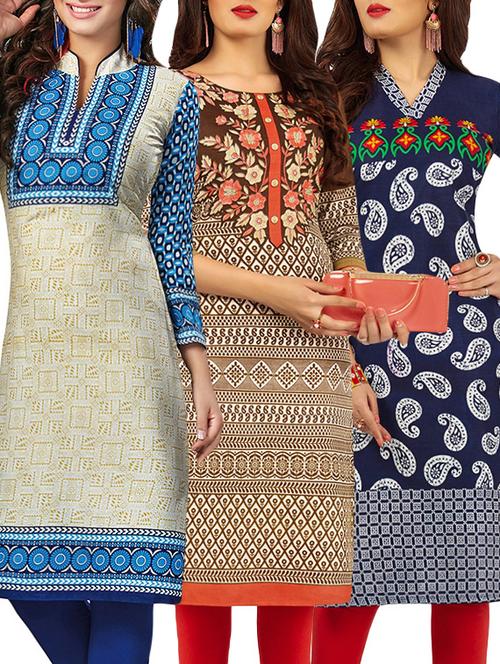 set of 3 multi colored cotton unstitched kurta - 13388194 - Very Small Image - 1