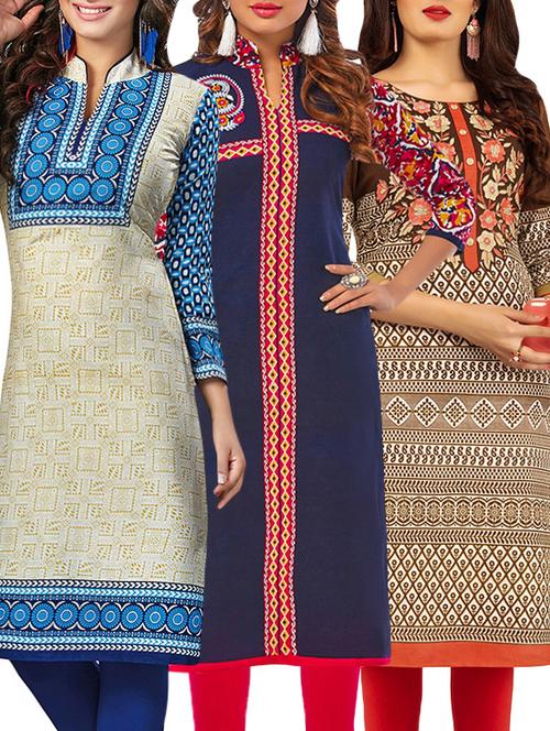 set of 3 multi colored cotton unstitched kurta - 13388203 - Very Small Image - 1
