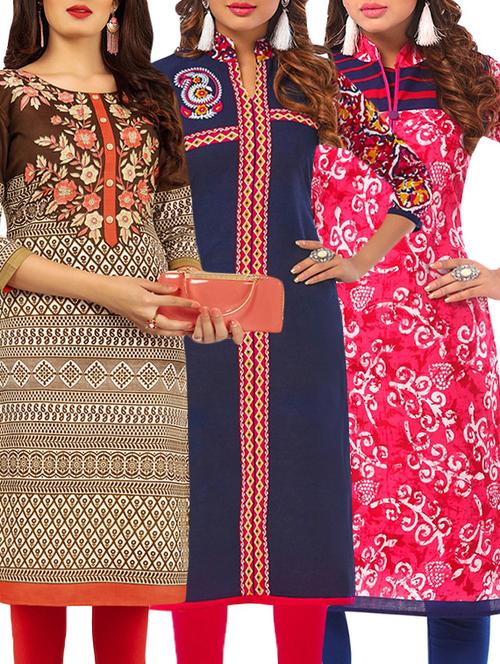 set of 3 multi colored cotton unstitched kurta - 13388205 - Very Small Image - 1