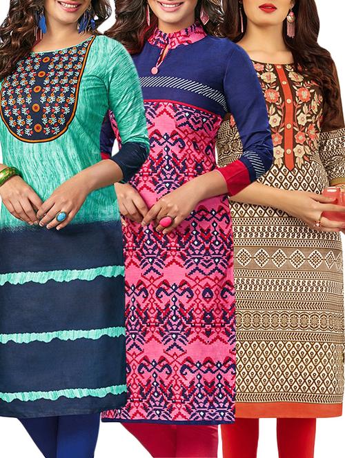 set of 3 multi colored cotton unstitched kurta - 13388219 - Very Small Image - 1