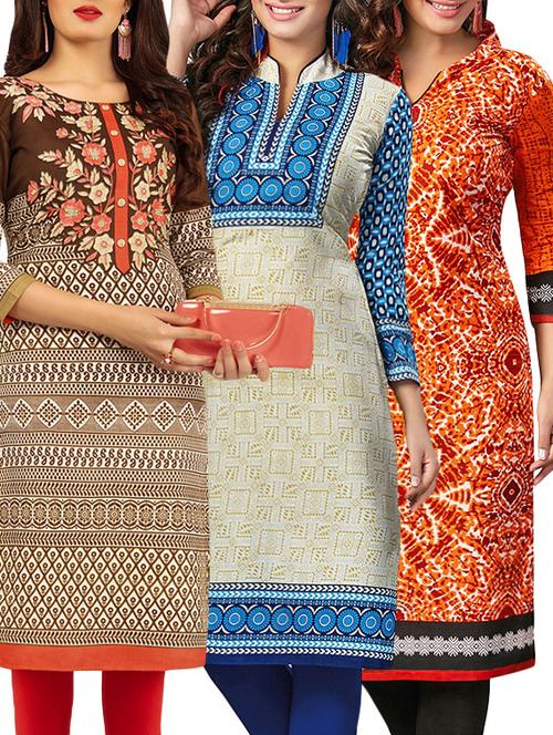 set of 3 multi colored cotton unstitched kurta - 13388224 - Very Small Image - 1