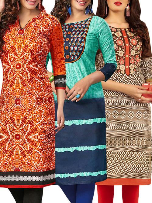 set of 3 multi colored cotton unstitched kurta - 13388225 - Very Small Image - 1