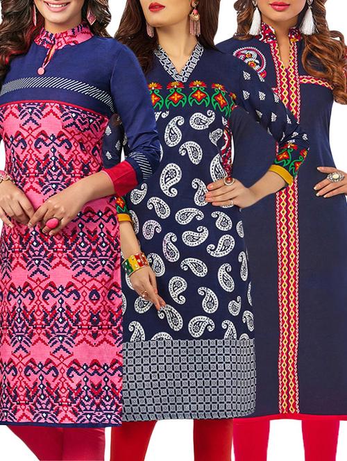 set of 3 multi colored cotton unstitched kurta - 13388244 - Very Small Image - 1