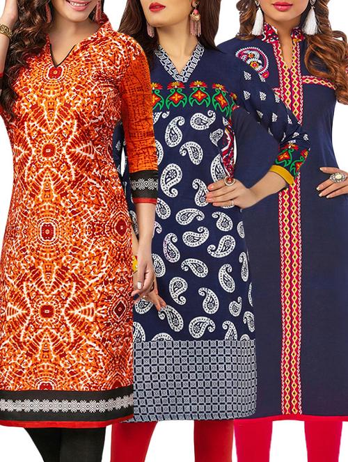 set of 3 multi colored cotton unstitched kurta - 13388245 - Very Small Image - 1