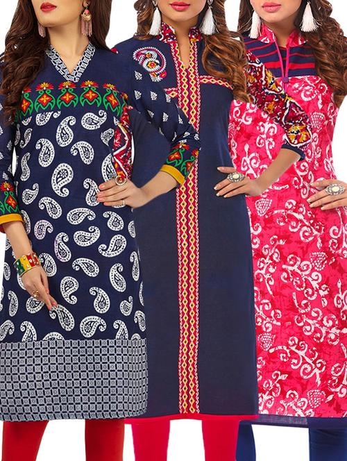 set of 3 multi colored cotton unstitched kurta - 13388250 - Very Small Image - 1
