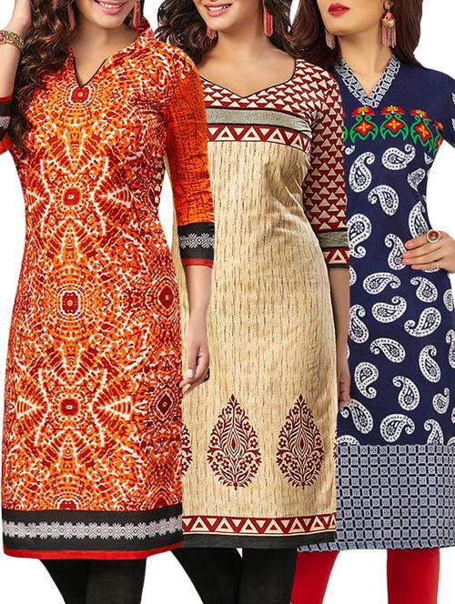 set of 3 multi colored cotton unstitched kurta - 13388267 - Very Small Image - 1
