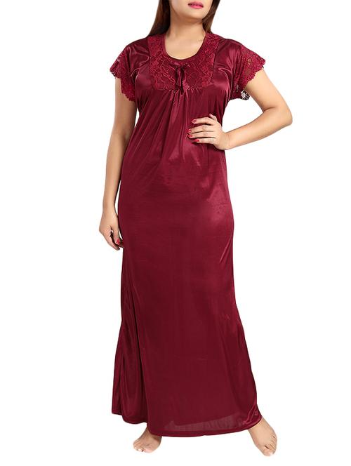 women solid maroon detailed nighty - 13390871 - Very Small Image - 1