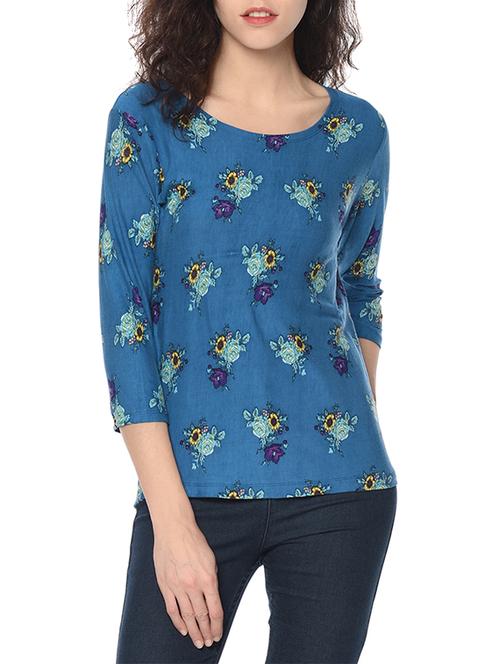 blue floral printed jersey straight tee - 13394114 - Very Small Image - 1