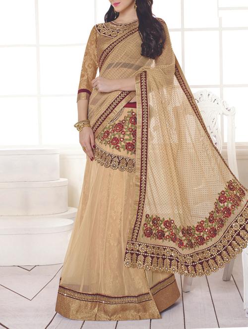 beige net saree with blouse - 13394486 - Very Small Image - 1
