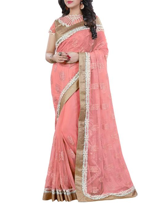peach net embroidered saree with blouse - 13394533 - Very Small Image - 1