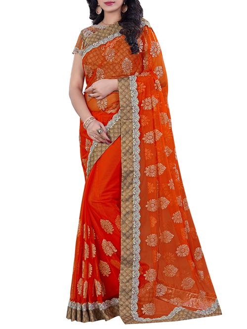 orange net embroidered saree with blouse - 13394537 - Very Small Image - 1