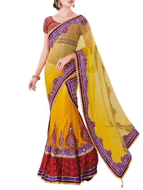 yellow net saree with blouse - 13394561 - Very Small Image - 1