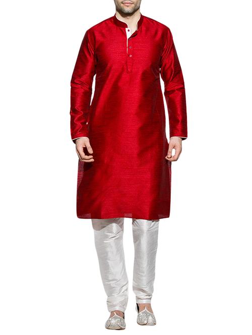 solid red polyester kurta pyjama set - 13394849 - Very Small Image - 1