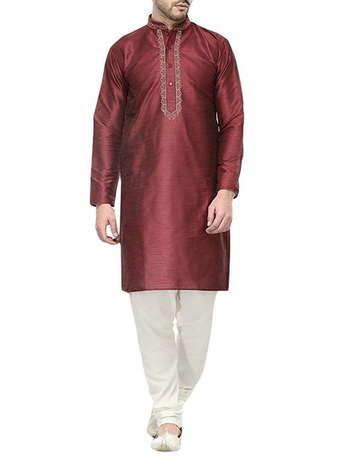 solid maroon cotton kurta pyjama set - 13394892 - Very Small Image - 1