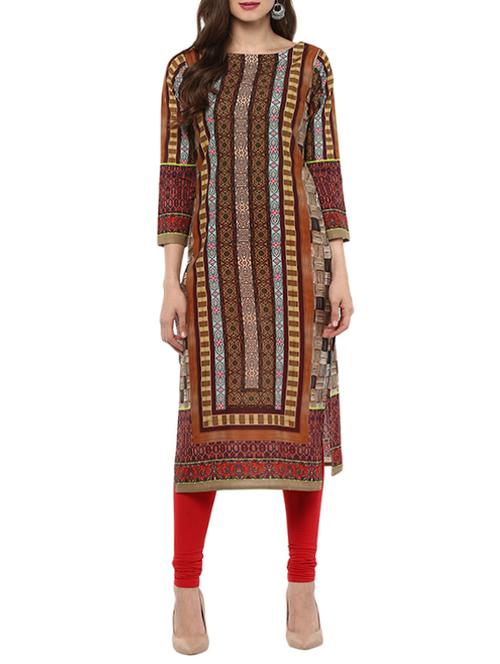 brown cotton printed straight kurta - 13397558 - Very Small Image - 1