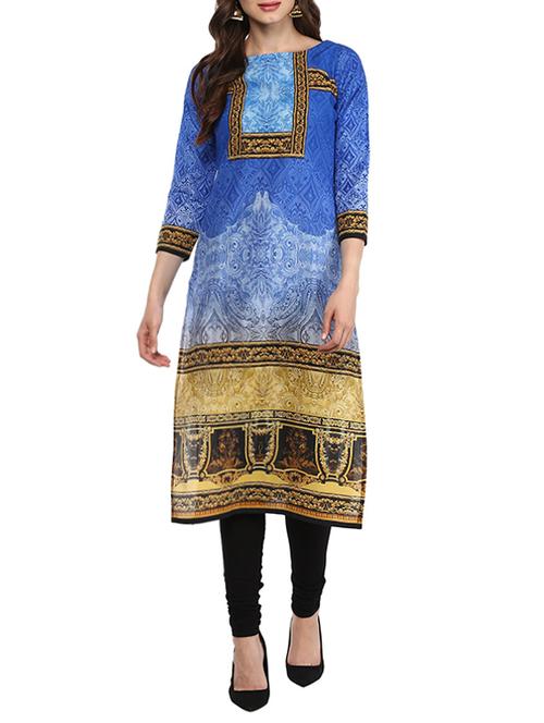 blue cotton printed straight kurta - 13397561 - Very Small Image - 1