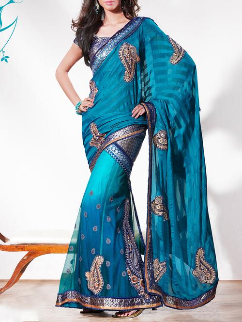 blue net saree with blouse - 13398038 - Very Small Image - 1