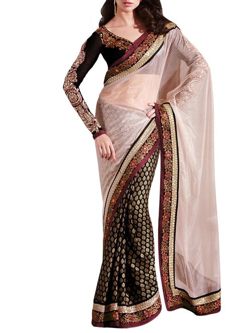 beige and black half and half saree with blouse - 13398041 - Very Small Image - 1