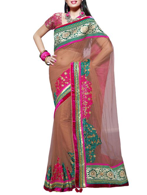brown net embroidered saree with blouse - 13398048 - Very Small Image - 1