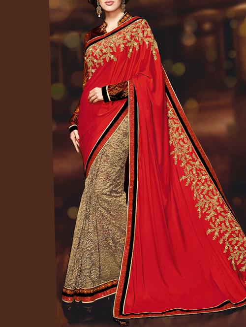 red net half and half saree with blouse - 13398077 - Very Small Image - 1
