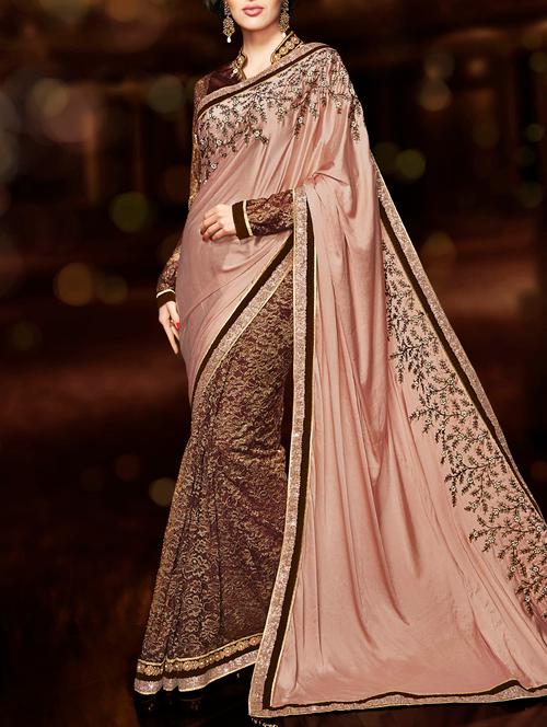 peach net half and half saree with blouse - 13398078 - Very Small Image - 1