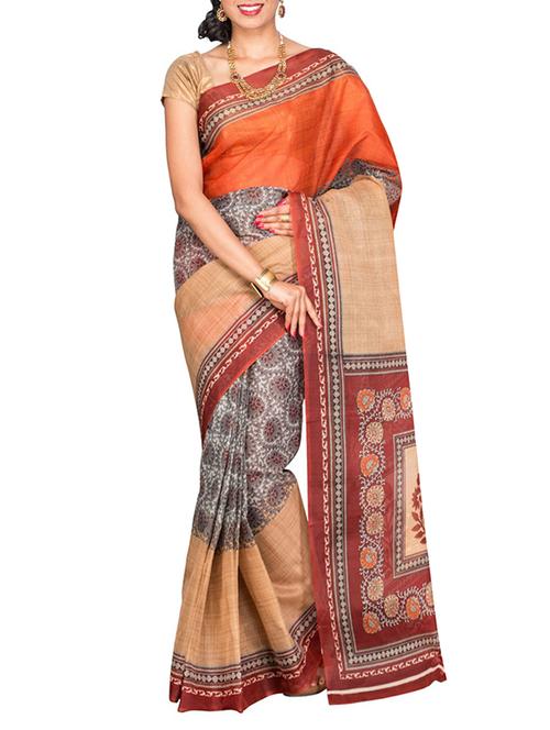 orange cotton blend printed saree with blouse - 13408711 - Very Small Image - 1