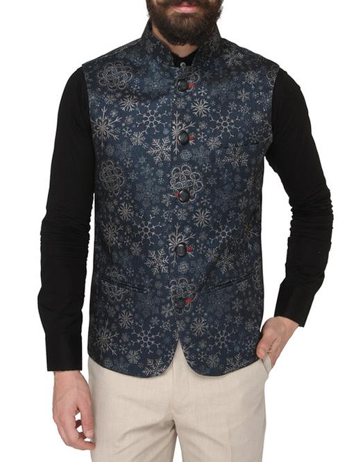 navy blue terry rayon nehru jacket - 13411584 - Very Small Image - 1