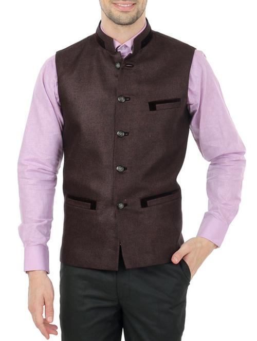 solid brown terry rayon nehru jacket - 13411586 - Very Small Image - 1