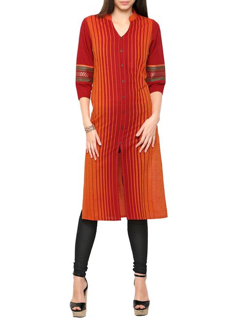 orange cotton straight kurta - 13417360 - Very Small Image - 1