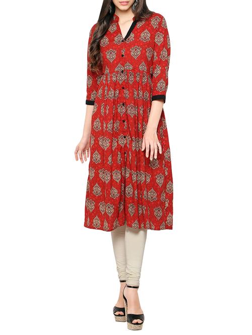 red cotton flared kurta - 13417364 - Very Small Image - 1