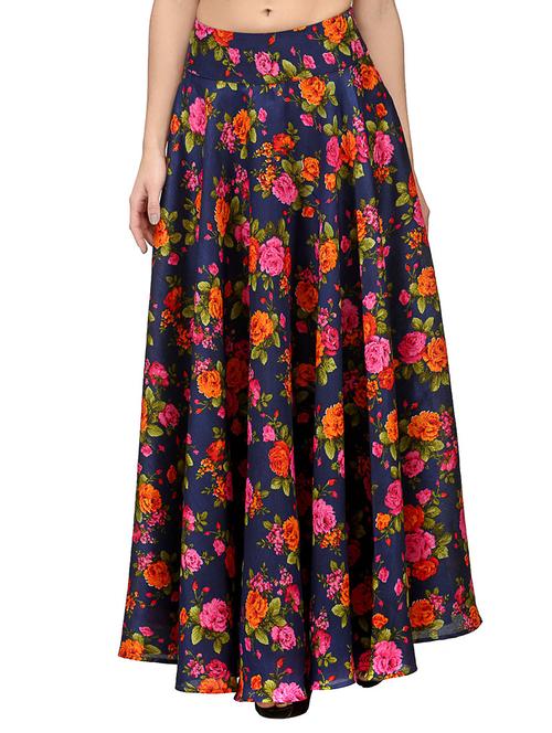 navy blue floral printed silk blend maxi skirt - 13417963 - Very Small Image - 1