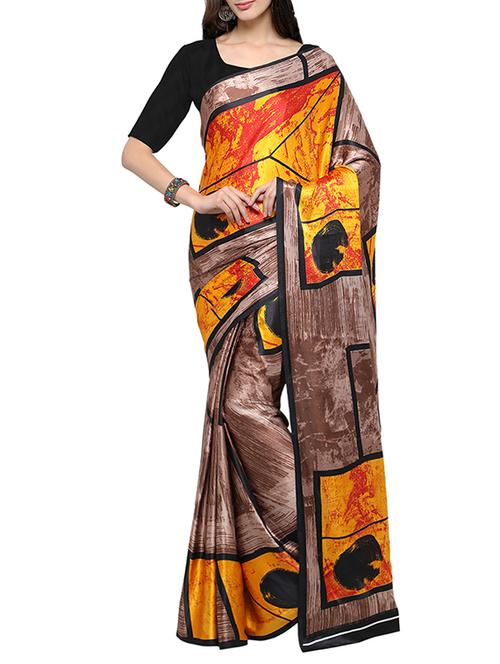 orange crepe printed saree with blouse - 13422770 - Very Small Image - 1